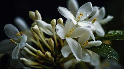 Obraz premium A close up of a white flower with a yellow center. The flower is surrounded by green leaves