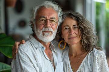 Happy elderly couple wearing white shirts, in the style of white background
