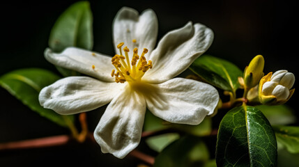 A close up of a white flower with a yellow center. The flower is surrounded by green leaves