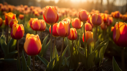 A field of orange and yellow tulips with a bright sun shining on them. The flowers are in full bloom and are arranged in a way that creates a sense of depth and perspective. The scene is peaceful