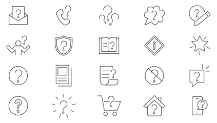 Question line Icons set. Problem, confusion, asking, questioning, question mark and quiz question outline icon collection. UI thin outline icons pack.