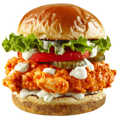 Buffalo Ranch Chicken Burger with Crispy Buffalo Chicken, Lettuce, Tomato, and Ranch Dressing on Toasted Potato Bun