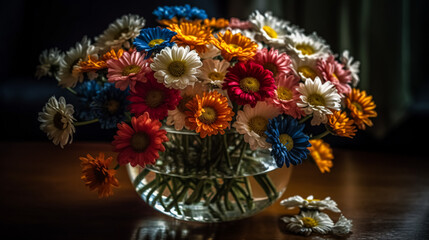 Fototapeta premium A vase of colorful flowers sits on a table. The flowers are arranged in a way that creates a sense of harmony and balance. The colors of the flowers are bright and cheerful
