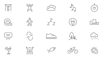 Fototapeta premium Healthy lifestyle line icons collection. Wellness, fitness, diet, nutrition, daily routine, scales, bicycle, hiking, organic food, nutrition, running and jogging icon set. UI thin outline icons pack