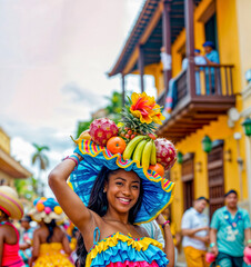 Woman in blue dress and bunch of fruit on her head.