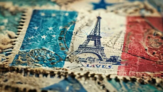 Vintage stamps featuring Eiffel Tower and tricolor design