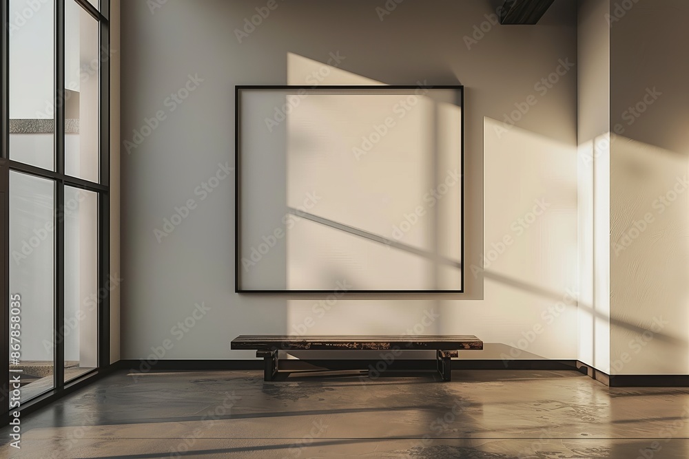 Wall mural Spacious, modern room featuring an empty picture frame on the wall with sunlight streaming through large windows, casting geometric shadows on the floor.