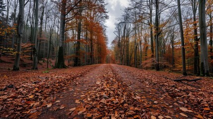 Forest with autumn leaves under a cloudy sky