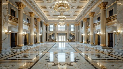 Obraz premium A grand marble entrance hall with high ceilings and decorative pillars