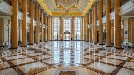 Obraz premium A grand marble entrance hall with high ceilings and decorative pillars