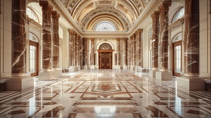 Obraz premium A grand marble entrance hall with high ceilings and decorative pillars
