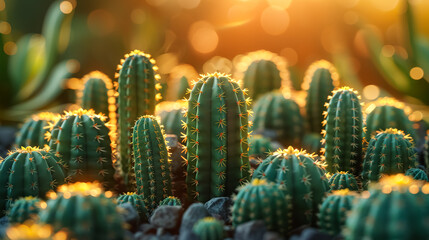 A bunch of cacti are in a field with the sun shining on them. The cacti are green and have spines