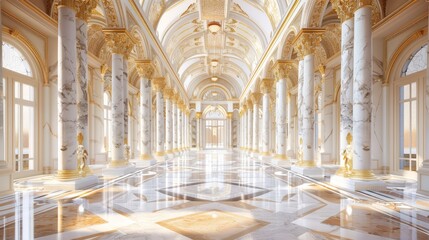Fototapeta premium A grand marble entrance hall with high ceilings and decorative pillars