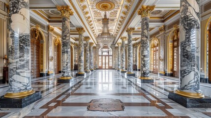 Fototapeta premium A grand marble entrance hall with high ceilings and decorative pillars