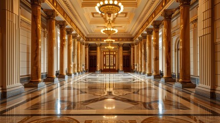 Obraz premium A grand marble entrance hall with high ceilings and decorative pillars
