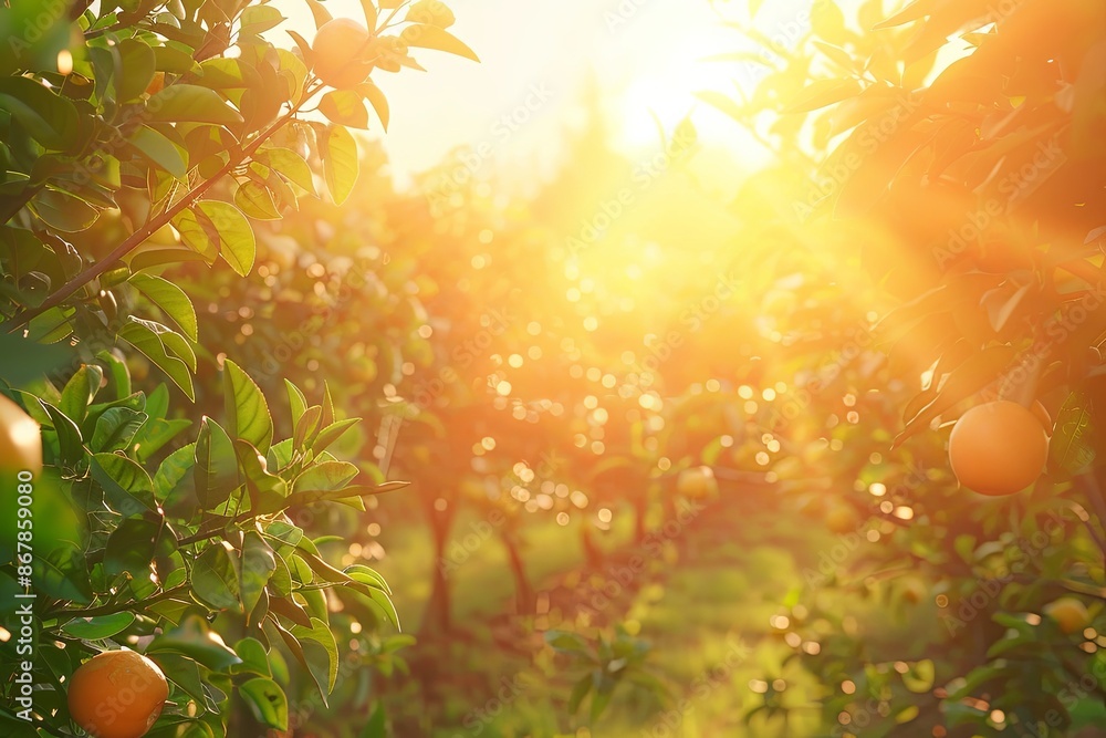 Poster A close-up view of a lush orange tree orchard with ripe oranges hanging from the branches, bathed in the warm glow of the setting sun. Generative AI