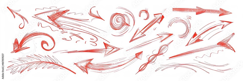 Aufkleber a set of hand-drawn red arrows with swirls and lines on a white background. generative ai