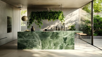 A kitchen island with a striking green marble top