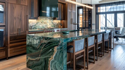 A kitchen island with a striking green marble top