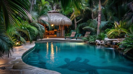A lush, tropical pool with exotic plants and a thatched-roof cabana