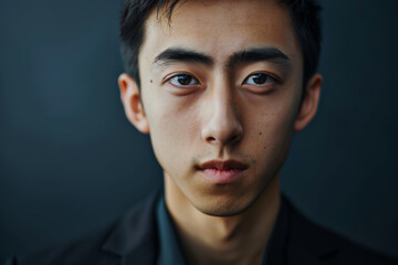 Obraz premium Close-up portrait of a young man of Asian descent, studio photo, against a sleek gray studio backdrop