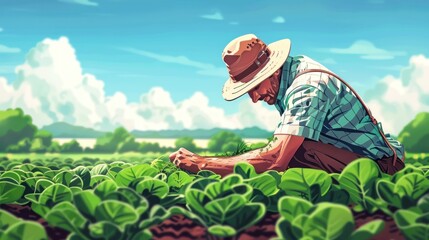 Flat illustration of a farmer using organic farming techniques with healthy crops in the background, highlighting sustainable agriculture.