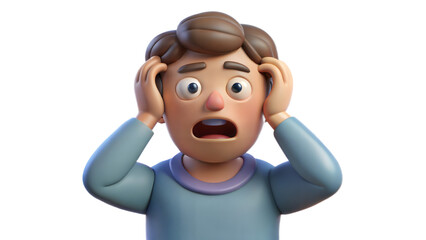 Obraz premium 3D cartoon character showing anxiety and stress with a surprised expression on a transparent background