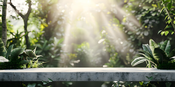 Imagen de un bosque con naturaleza y una plataforma de m&aacute;rmol en medio para presentar alg&uacute;n producto una luz superior celestial ilumina la escena 