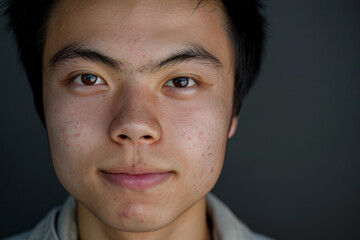 Close-up portrait of a young man of Asian descent, studio photo, against a sleek gray studio backdrop