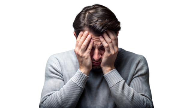 Man feeling anxious and stressed holding his head with hands on transparent background