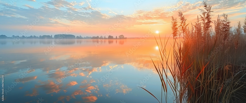 Poster A tranquil photograph of a sunrise over a calm lake, featuring reeds in the foreground and the vivid colors of the sky reflected on the water's surface.