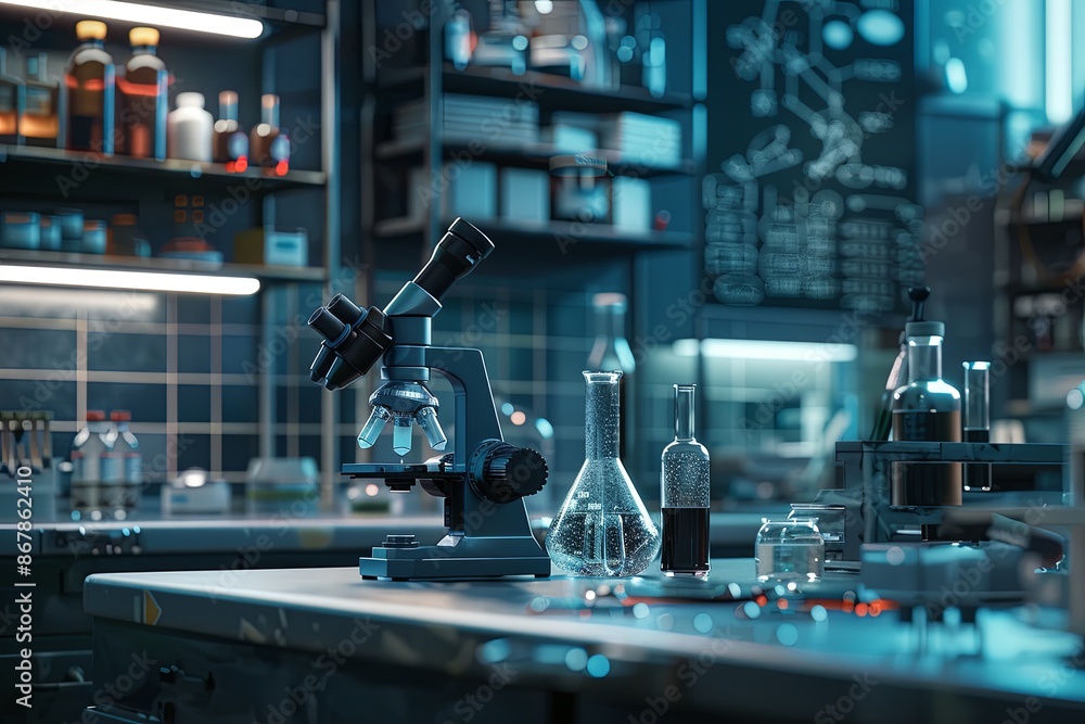 Leinwandbilder a modern microscope and various chemical equipment are set up on a countertop in a laboratory. gener