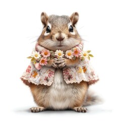 A cute little squirrel is wearing a flowery jacket and holding a bouquet of flowers in its paws. Concept of warmth and innocence, as the squirrel is dressed up and posing for the camera