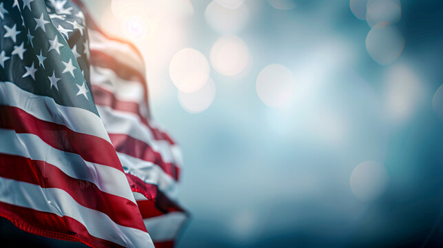 Close up of American flag. Independance day background. Patriotic background. Labor Day background. 4th of July background. Patriotic banner. USA banner background. USA flag with copy space.