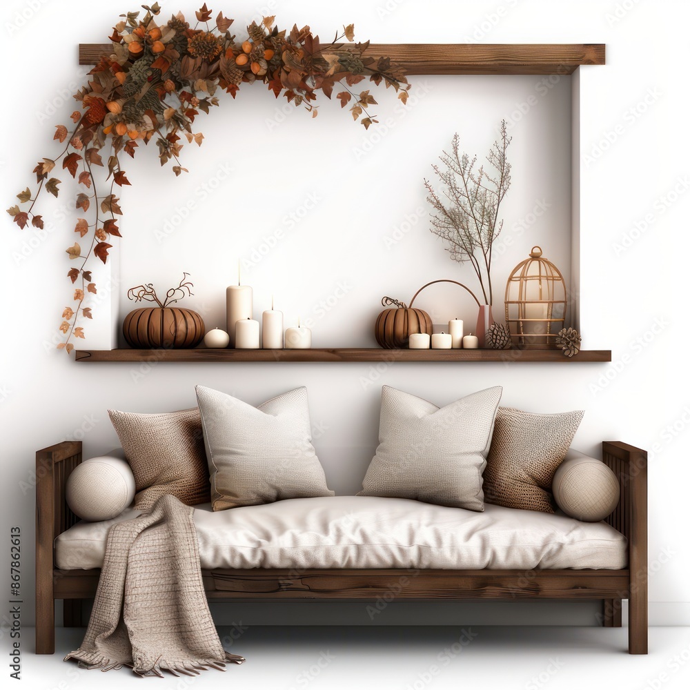 Poster a wooden bench with a white cushion and a blanket draped over it. the bench is surrounded by a shelf