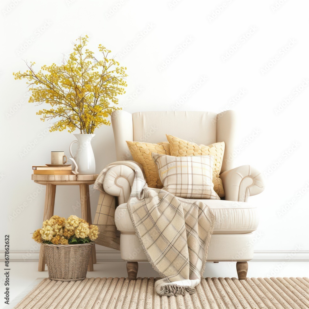Poster a white chair with a yellow blanket draped over it and a vase of yellow flowers on a table in front 