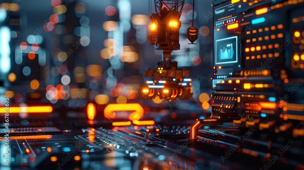 Poster A cityscape with a robot hovering over it. The robot is surrounded by a lot of bright colors and lights, giving the image a futuristic and technological vibe