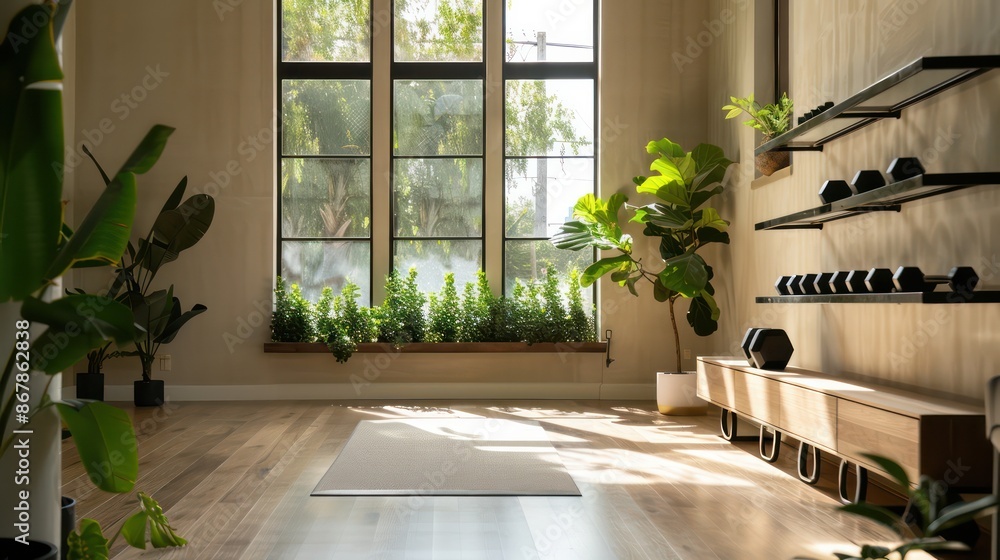 Poster a large open room with a lot of greenery and a yoga mat on the floor. the room is bright and airy, w
