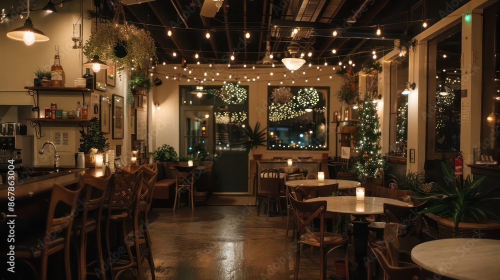 Aufkleber a restaurant with a christmas tree and lights hanging from the ceiling. the tables are set with cand