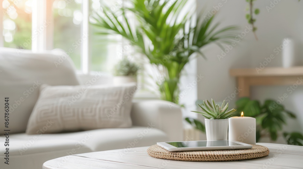 Poster a white couch is in a living room with a table in front of it. a tablet is on the table, and a candl