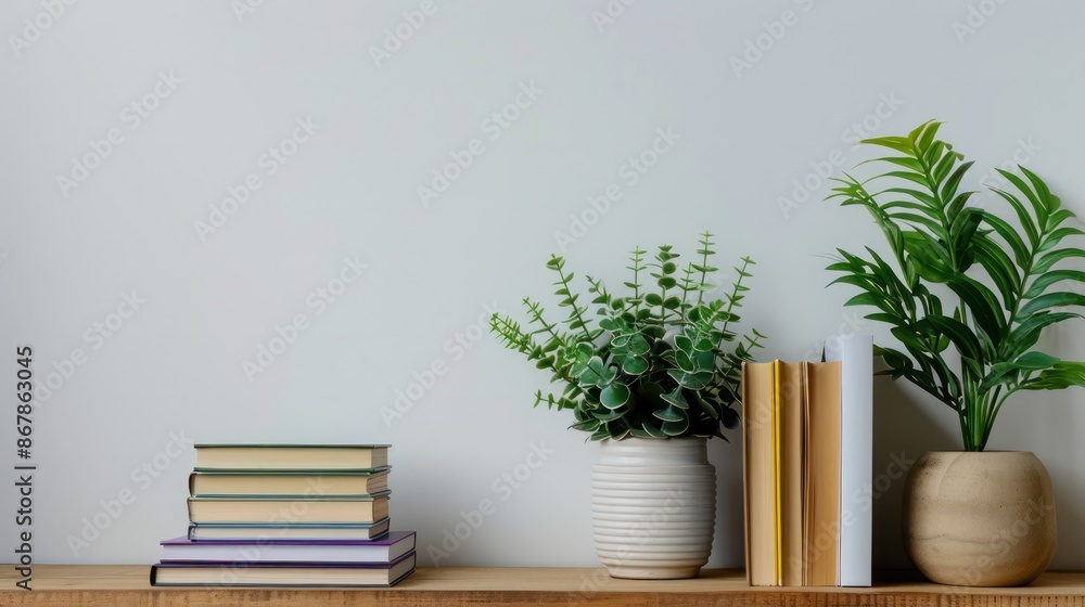 Poster A shelf with a stack of books and two potted plants. The books are arranged in a pyramid shape, with the tallest one on the left and the shortest one on the right