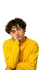 Obraz premium Young person feeling tired and sleepy with hand on face, wearing yellow sweater on transparent background