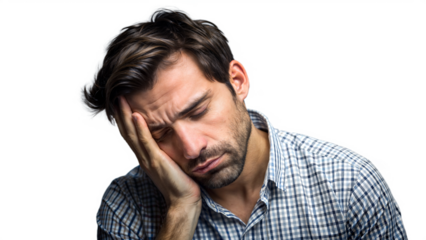 Tired man feeling sleepy in office attire with transparent background