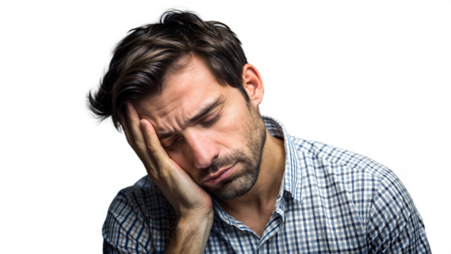 Tired man feeling sleepy in office attire with transparent background
