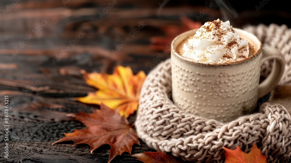 Poster a mug of coffee with whipped cream on top sits on a table with a leafy orange background