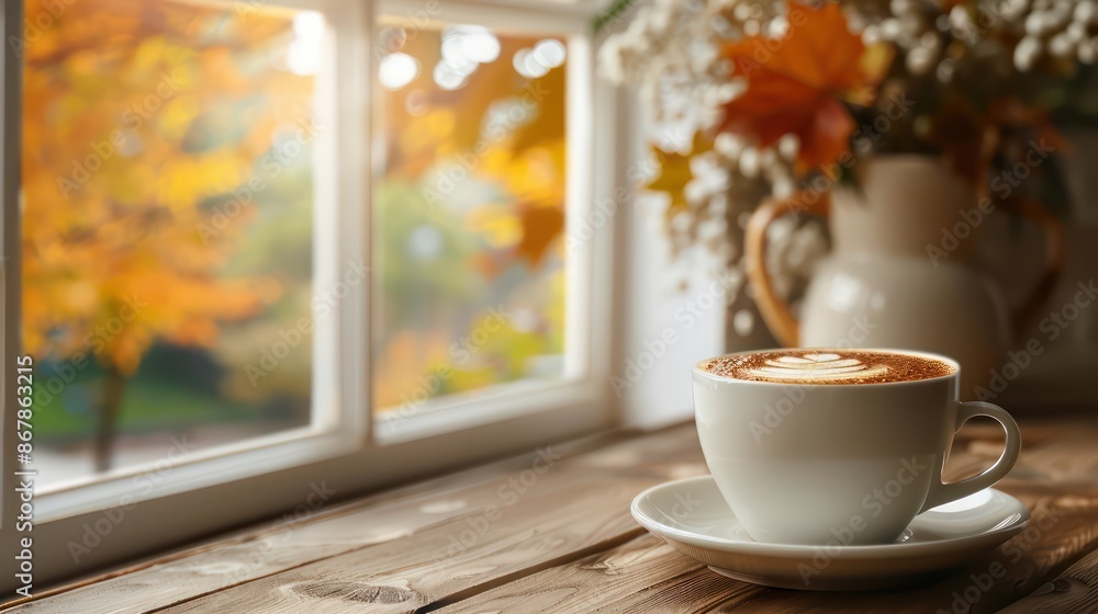 Poster a white coffee cup with a white saucer sits on a wooden table next to a vase of flowers. the view ou