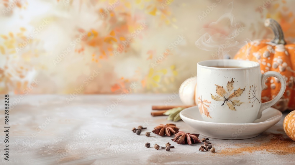 Poster a white coffee cup with a leaf design sits on a white plate. the cup is filled with coffee and has a