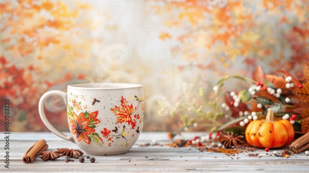 Poster a white coffee mug with autumn leaves on it sits on a wooden table. the table is covered with a vari