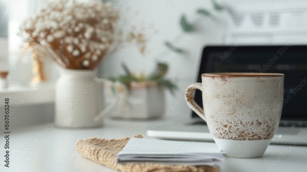 Poster a white coffee cup sits on a table next to a laptop and a stack of papers. concept of productivity a