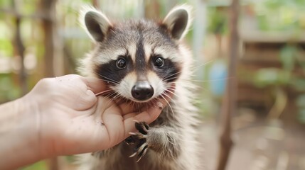A raccoon is being petted by a person. The raccoon is looking at the camera with its mouth open